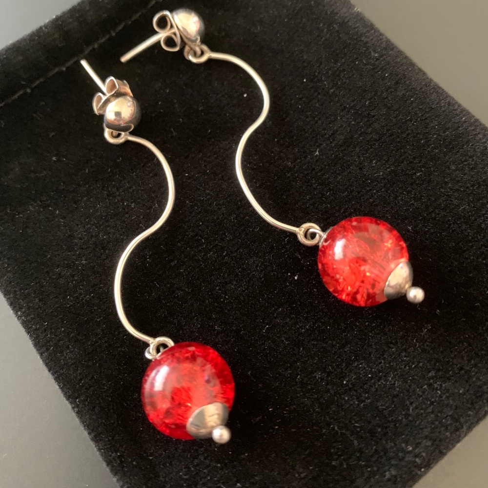 Silver 925 Spirals and Red Crystal Dangle Earrings